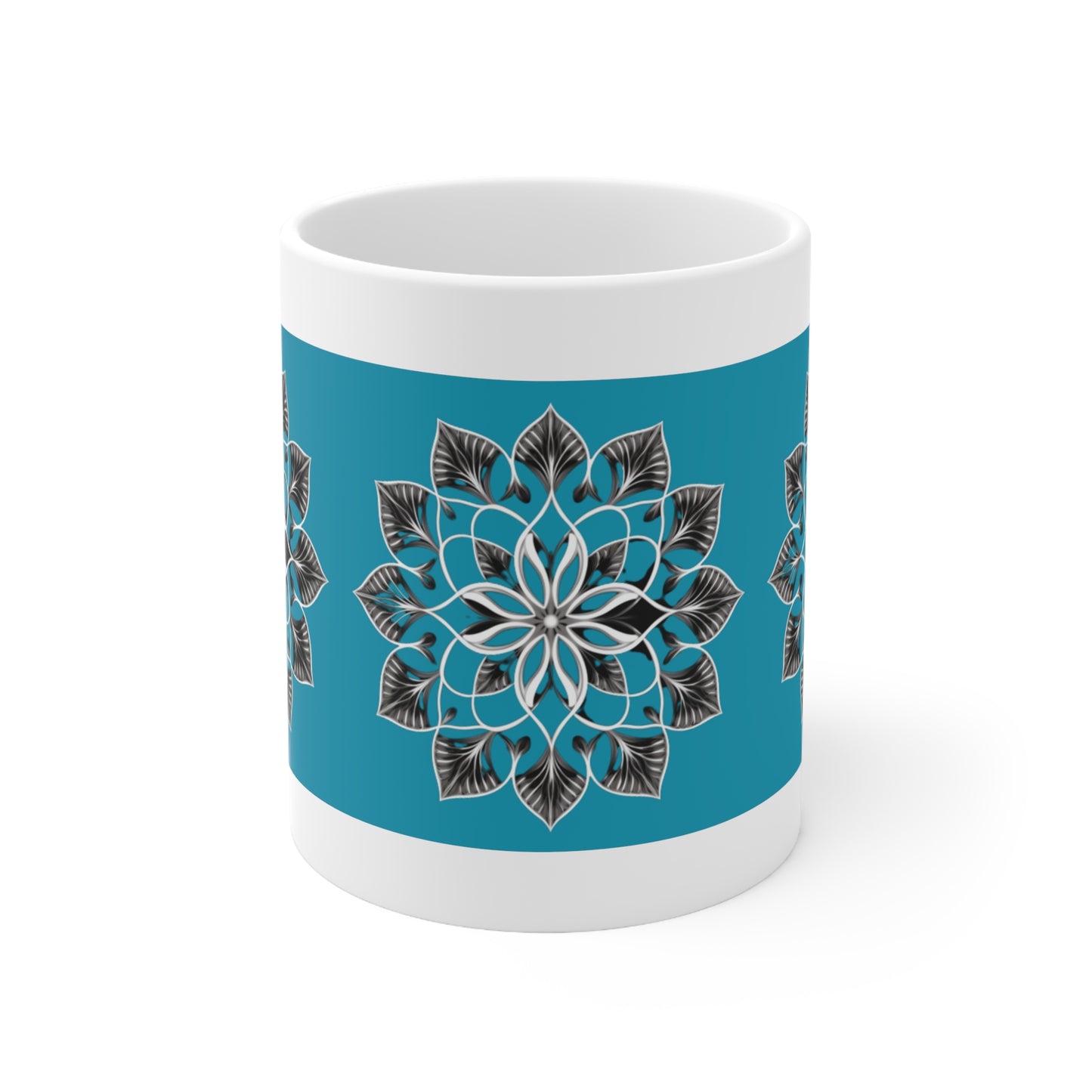 Turquoise, Black and White Flower - Ceramic Mug 11oz