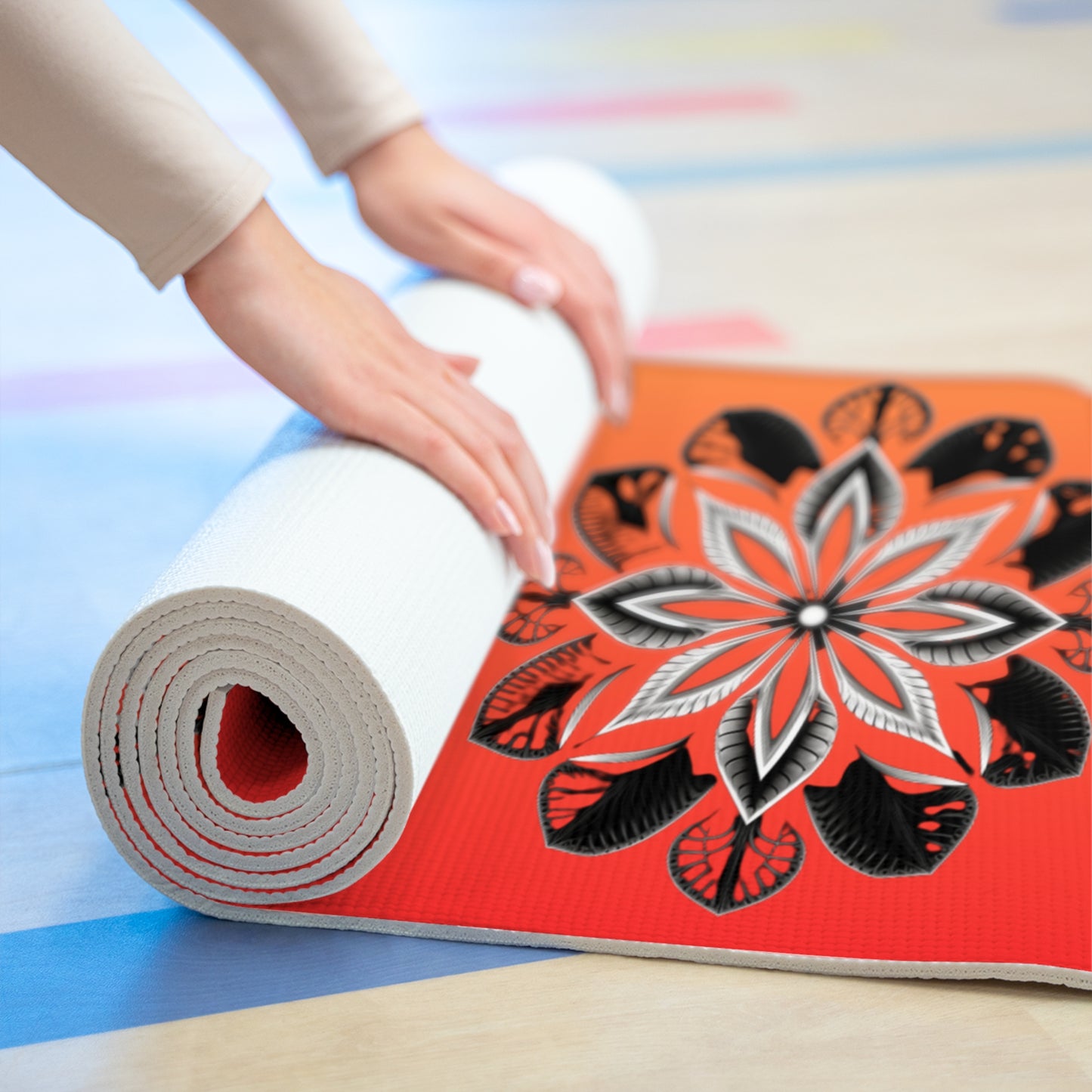 Black and White Flowers - Foam Yoga Mat