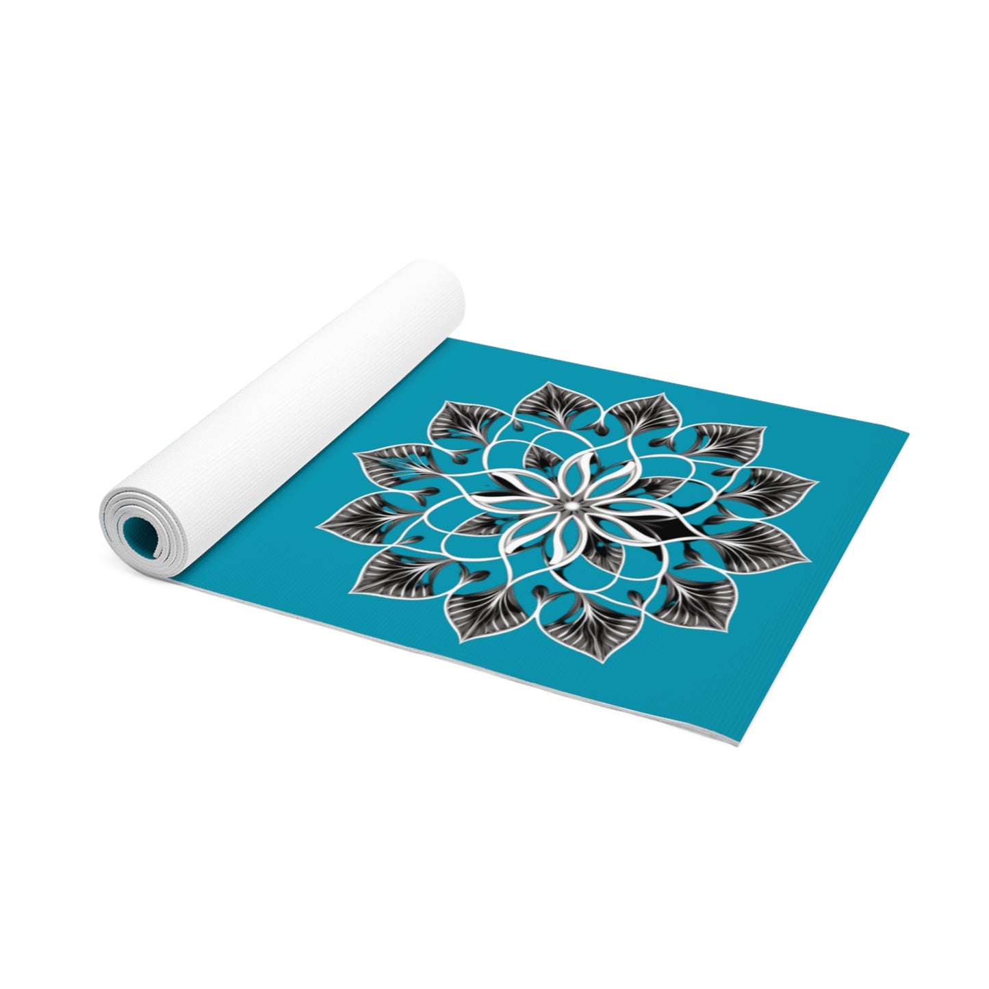 Black, White, and Blue Flowers - Foam Yoga Mat