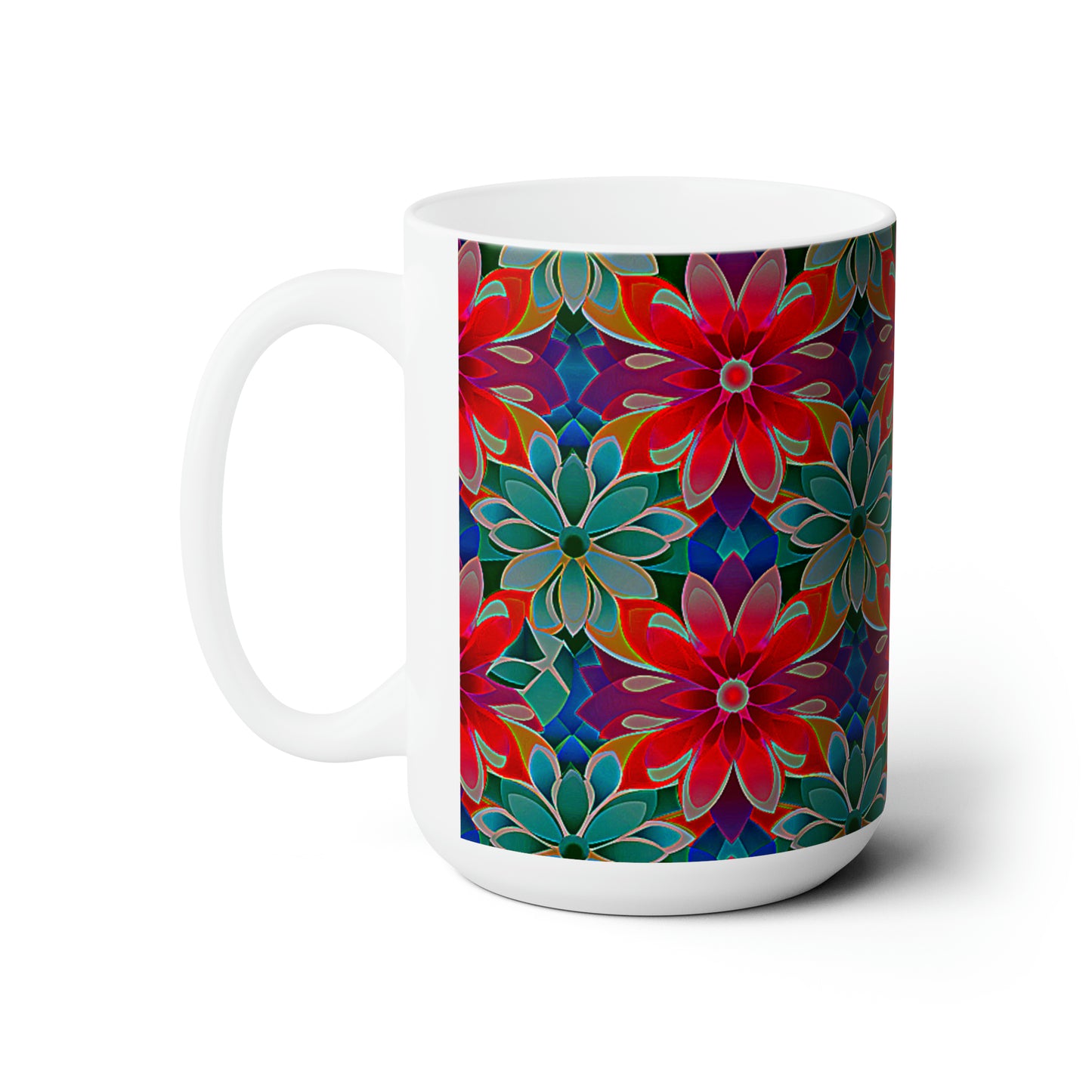 Red, Blue, and Green Flowered Ceramic Mug 15oz