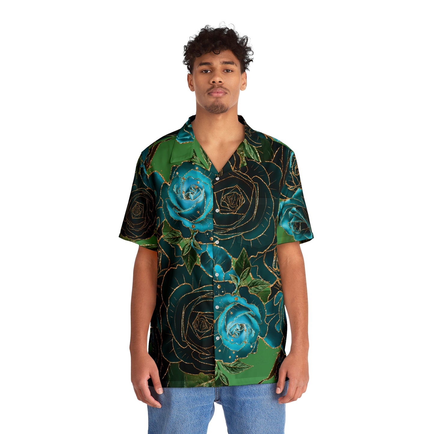 Teal, Roses = Men's Hawaiian Shirt (AOP)