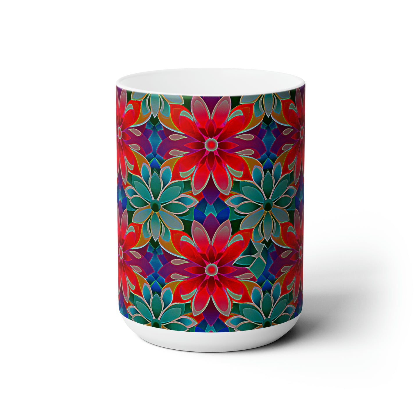 Red, Blue, and Green Flowered Ceramic Mug 15oz
