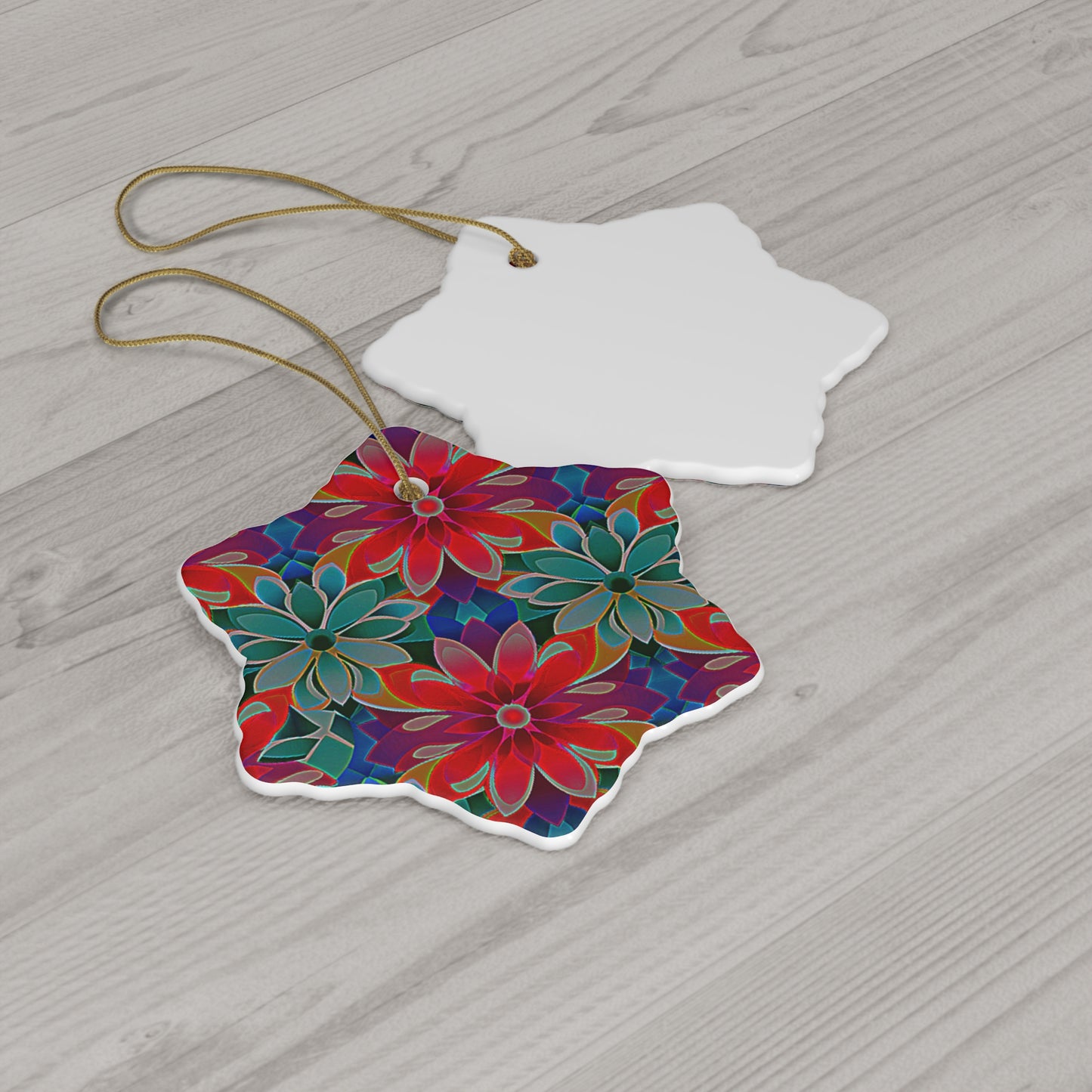 Red Green and Blue Flowers - Ceramic Ornament, 4 Shapes