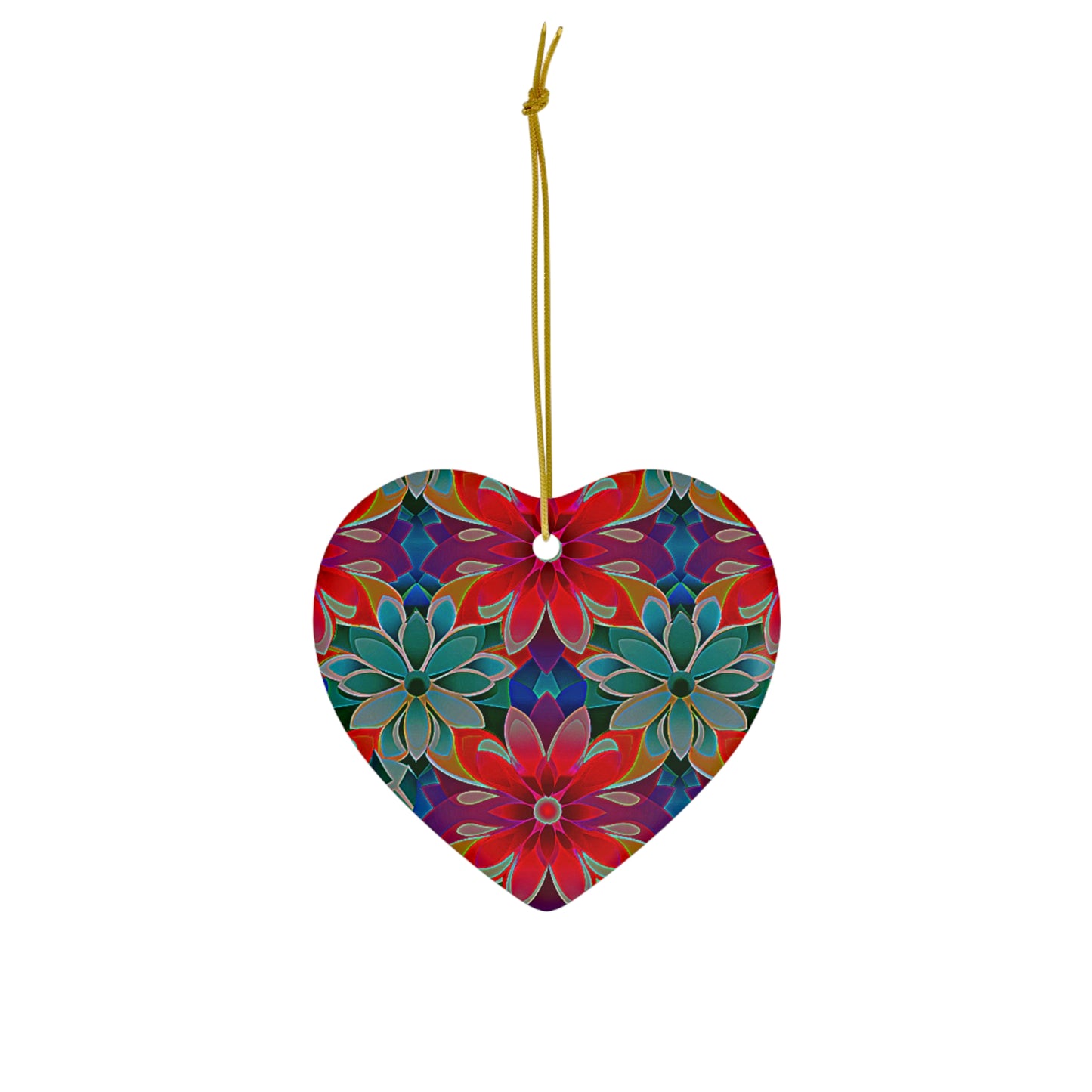 Red Green and Blue Flowers - Ceramic Ornament, 4 Shapes