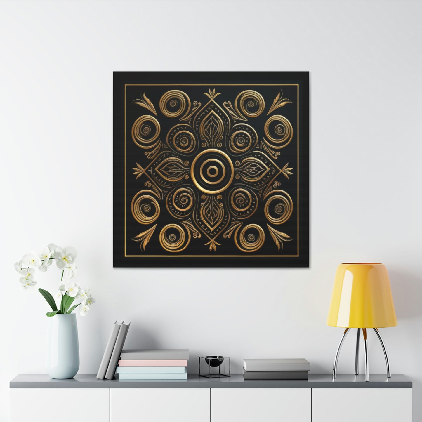 Black and Gold Circles and Diamonds Filigree Canvas Gallery Wrapped Prints