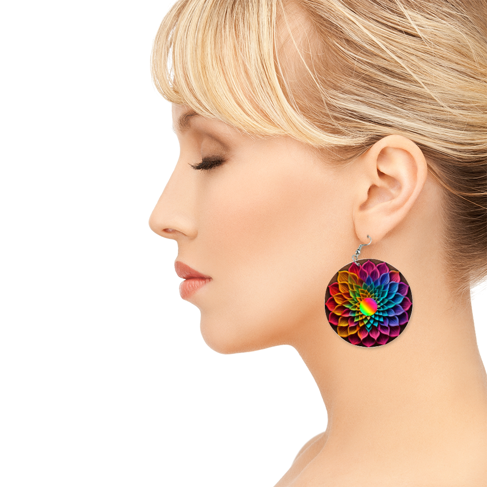 Rainbow Fractal Flowers - Wooden Earrings Ethnic Style