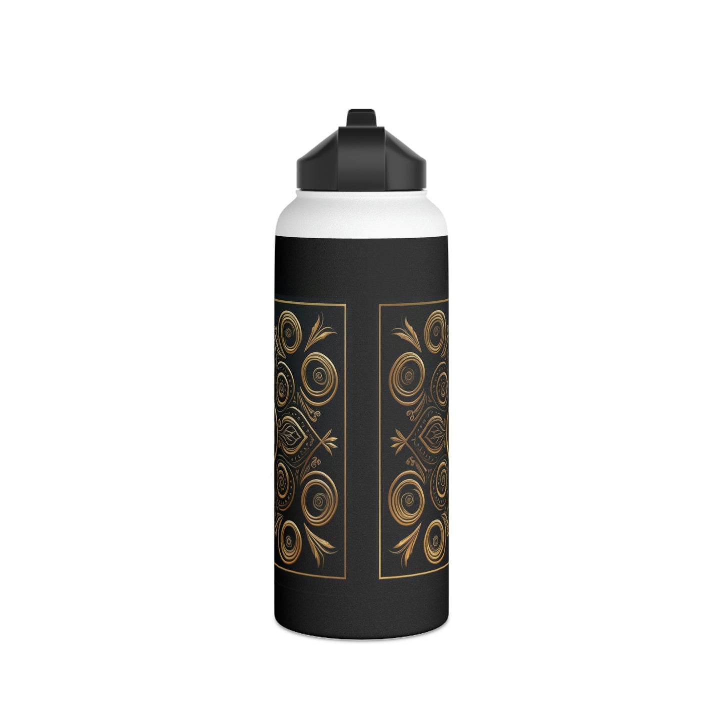 Black and Gold Circles and Diamonds Filigree Stainless Steel Water Bottle, Standard Lid