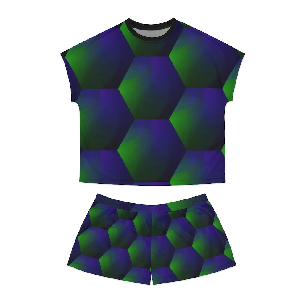 Green and Purple Hexagon - Women's Short Pajama Set (AOP)