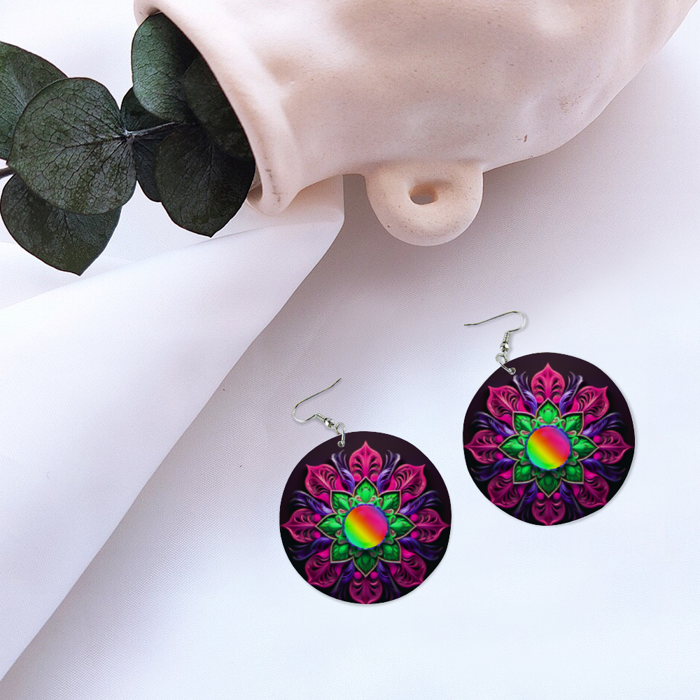 Pink and Green Petal Flower Wooden Earrings Ethnic Style