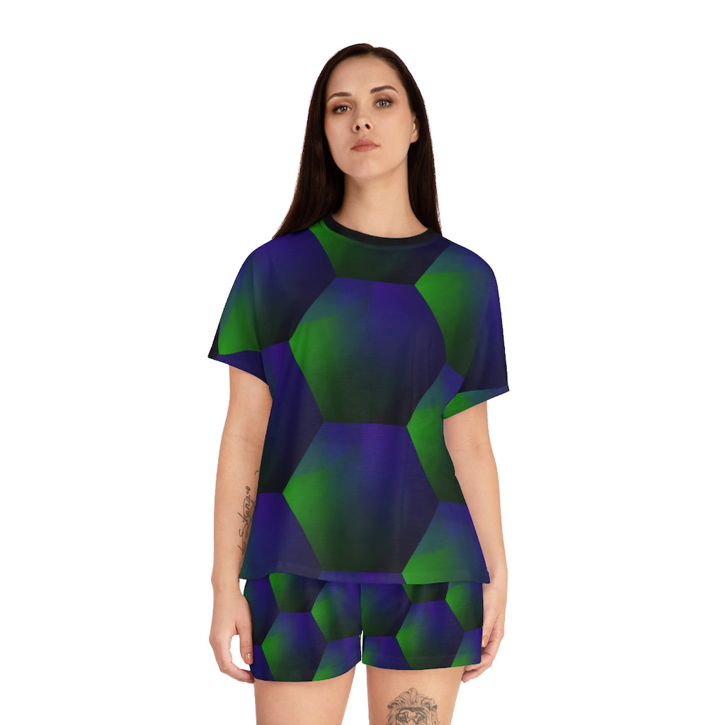 Green and Purple Hexagon - Women's Short Pajama Set (AOP)