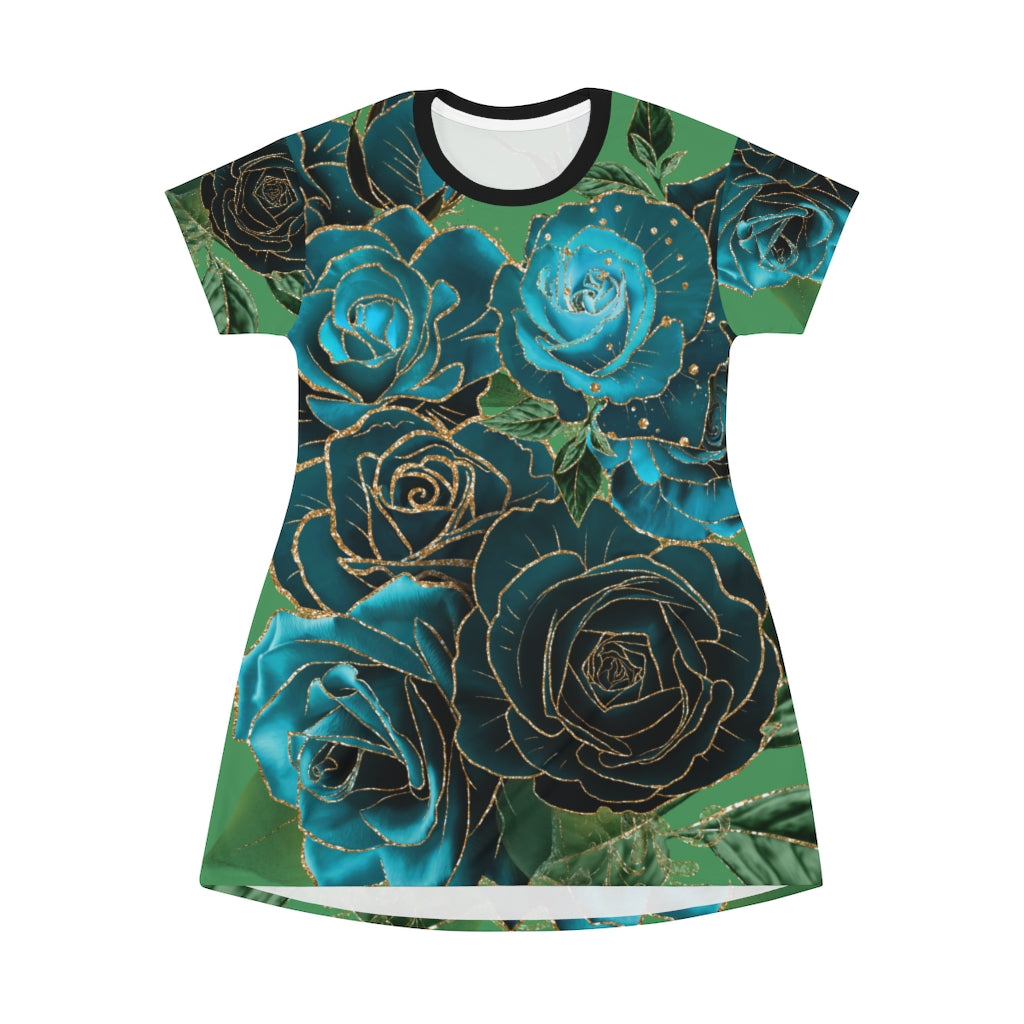 Teal Roses - All Over Print T-Shirt Dress