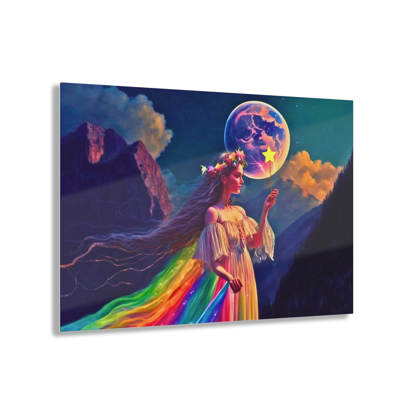 Rainbow Fairy Reaching for the Moon - Acrylic Prints