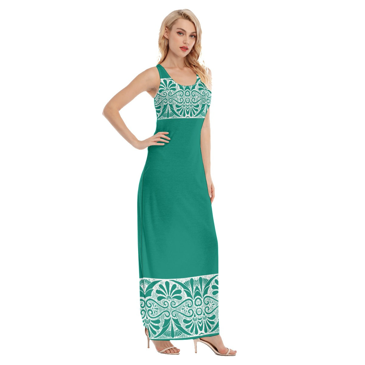 Green with White Print Vest Dress | Length To Ankle