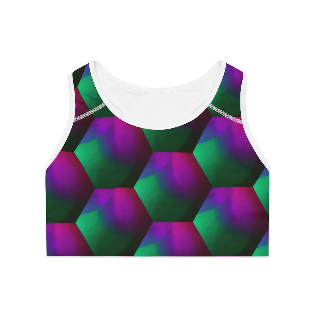 Green and Purple Hexagons 0 Sports Bra (AOP)