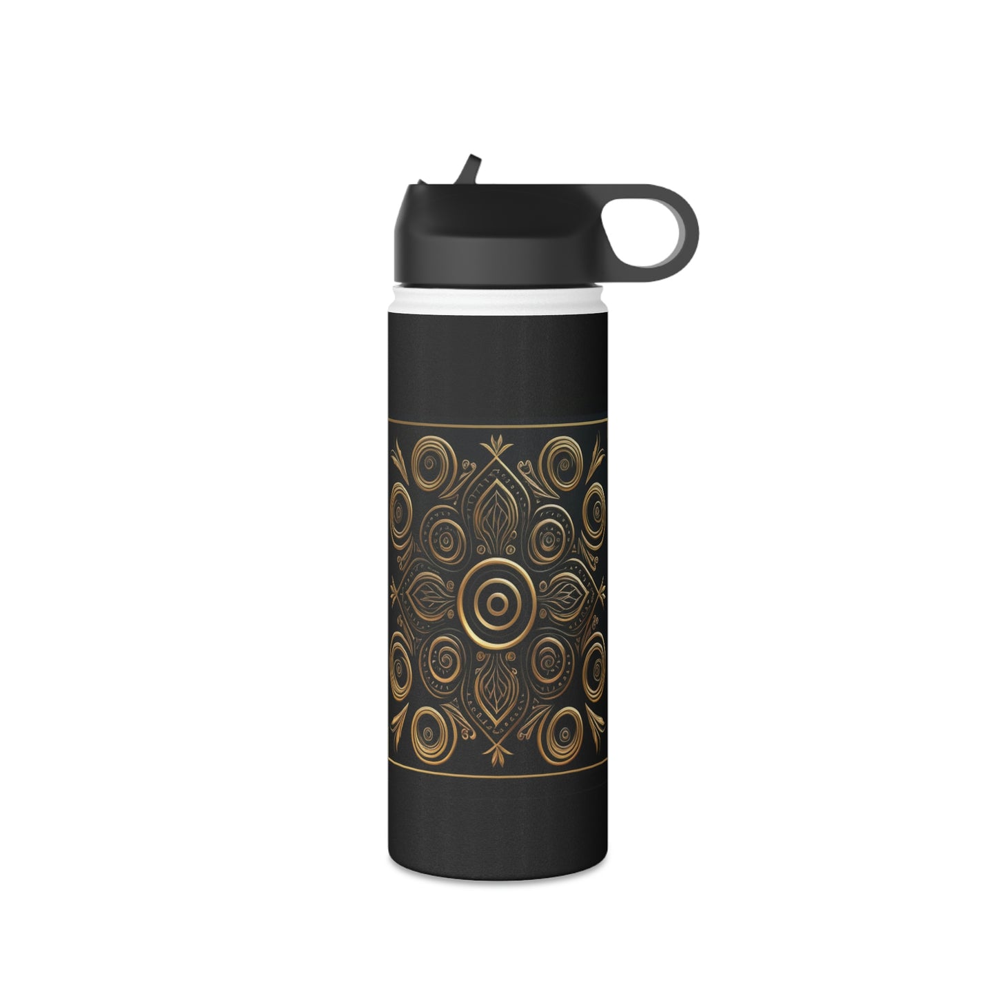 Black and Gold Circles and Diamonds Filigree Stainless Steel Water Bottle, Standard Lid
