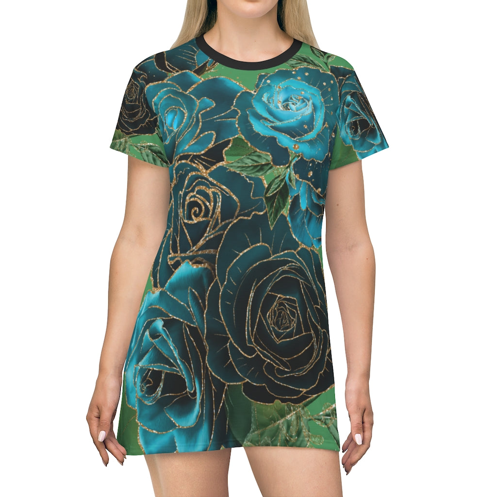 Teal Roses - All Over Print T-Shirt Dress