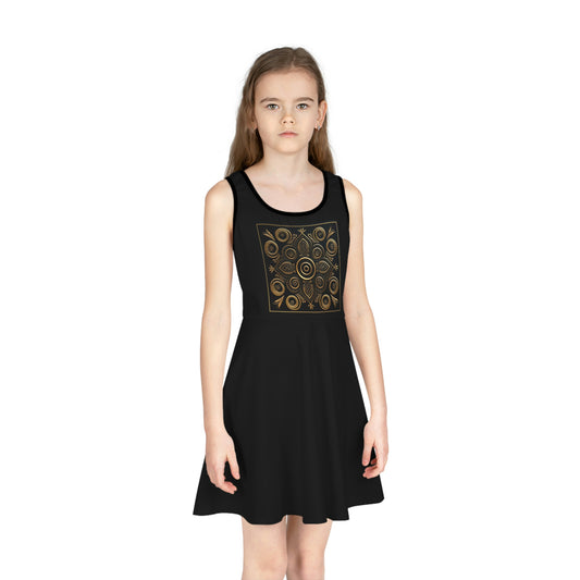 Black and Gold Filigree Design Girls' Sleeveless Sundress (AOP)