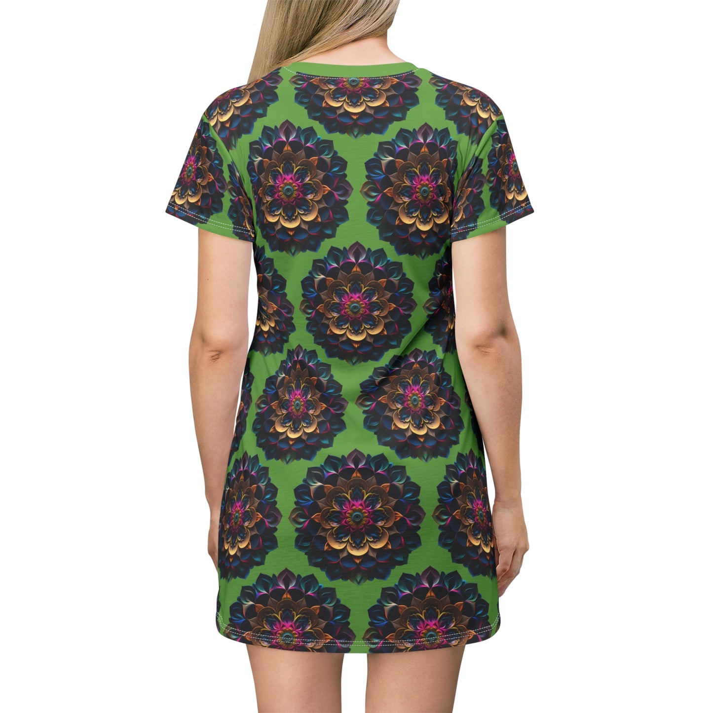 Green with Blue and Pink Medallions - T-Shirt Dress