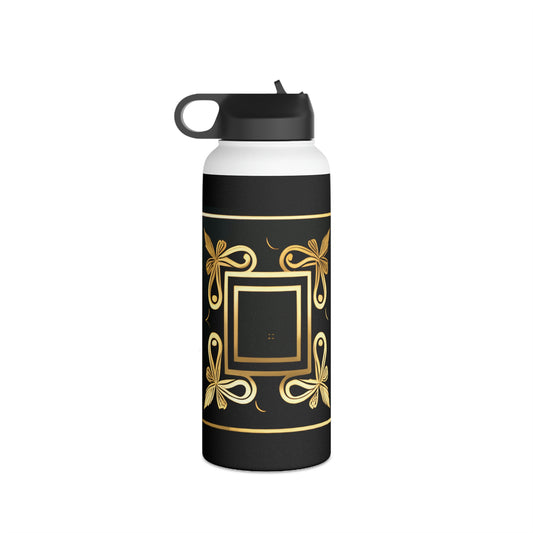 Black and Golld Squares and Ribbons Stainless Steel Water Bottle, Standard Lid