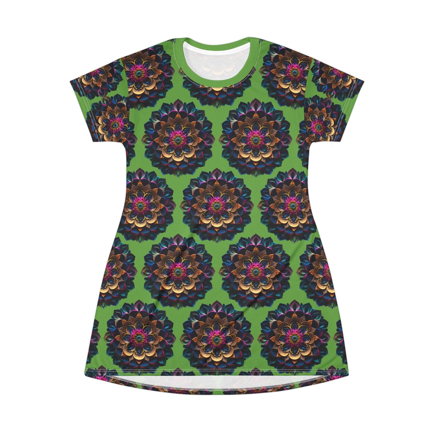 Green with Blue and Pink Medallions - T-Shirt Dress