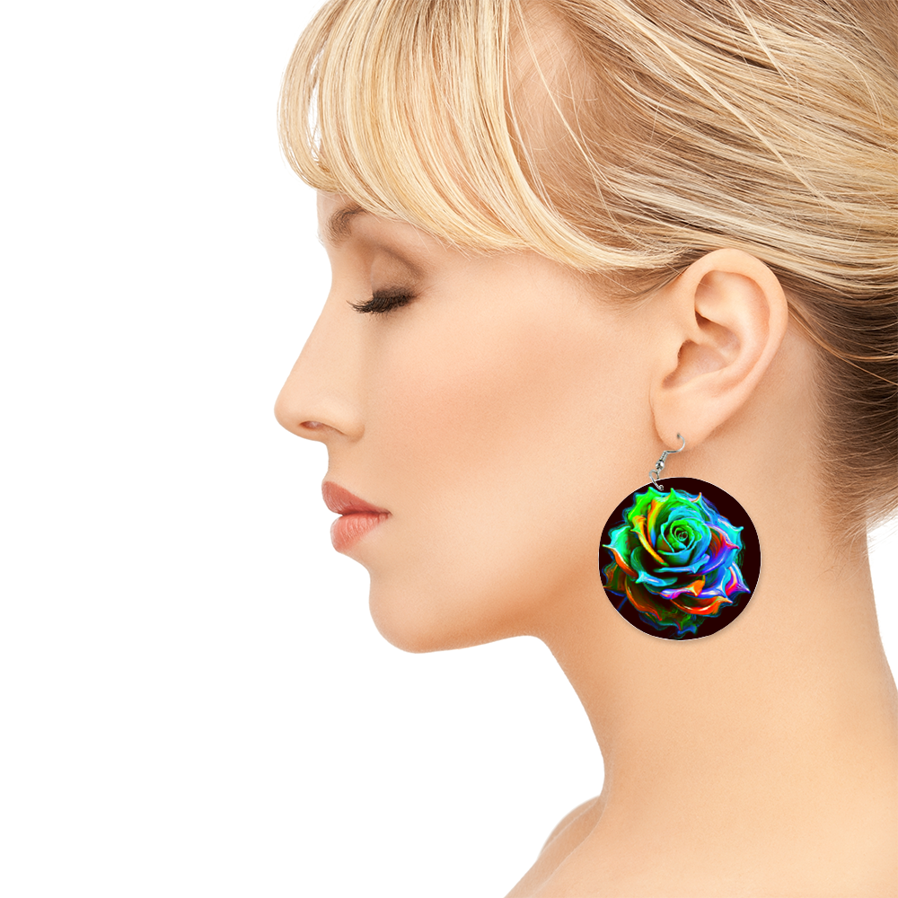 Rainbow Rose Wooden Earrings Ethnic Style